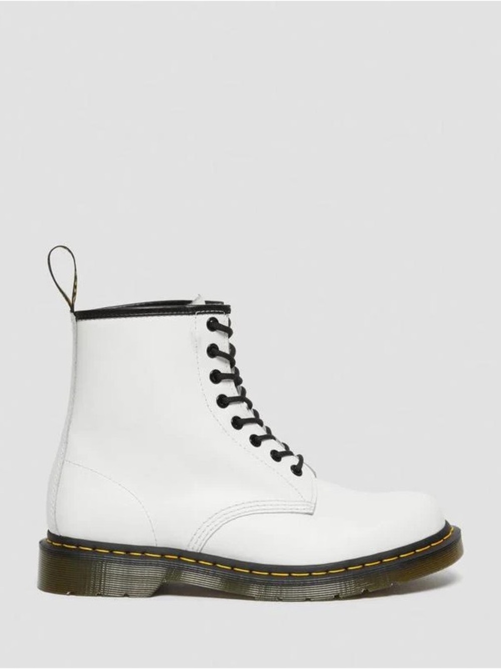 White Lace-Up Combat Boot with Yellow Welt Stitching